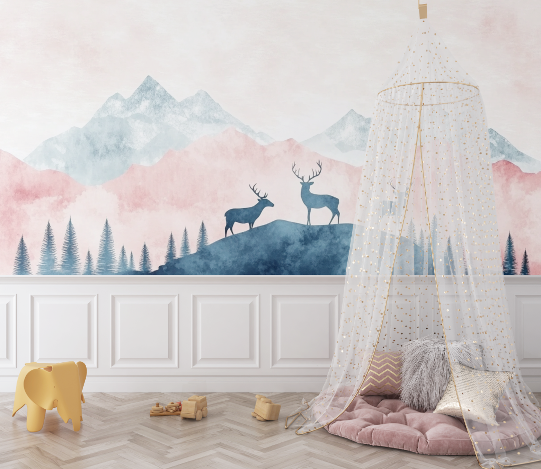 Papier peint fille classique cerf et montagne design bebe