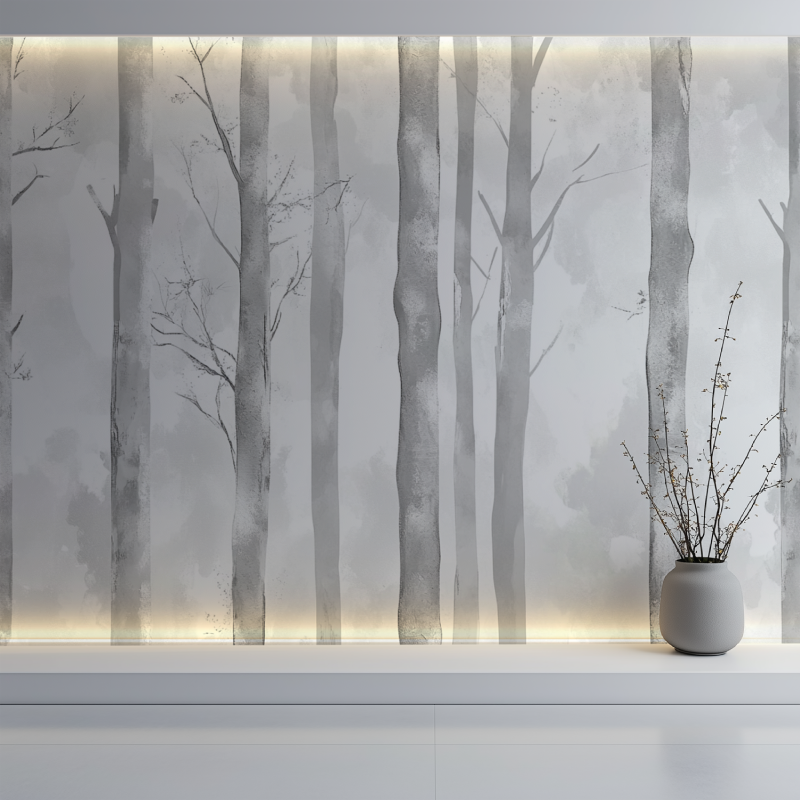 Papier peint arbre gris argente mur blanc