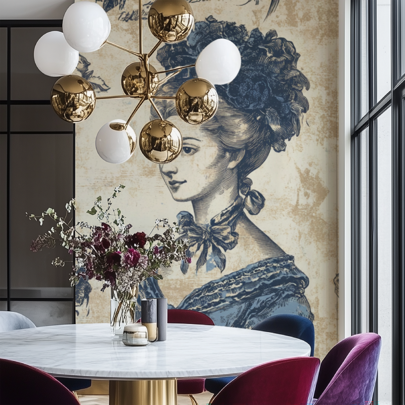 Papier peint vintage portrait salon chaise