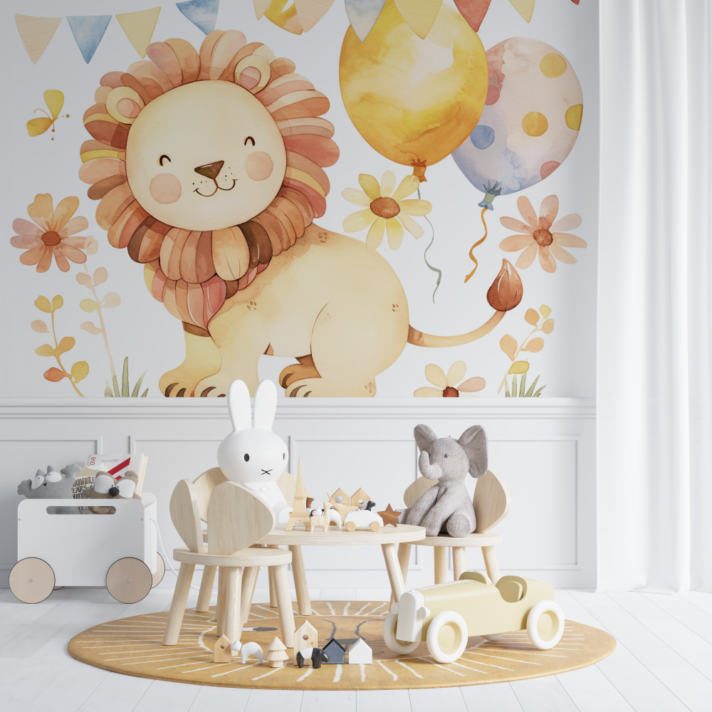 Papier peint lion et ballons colores chambre de bebe
