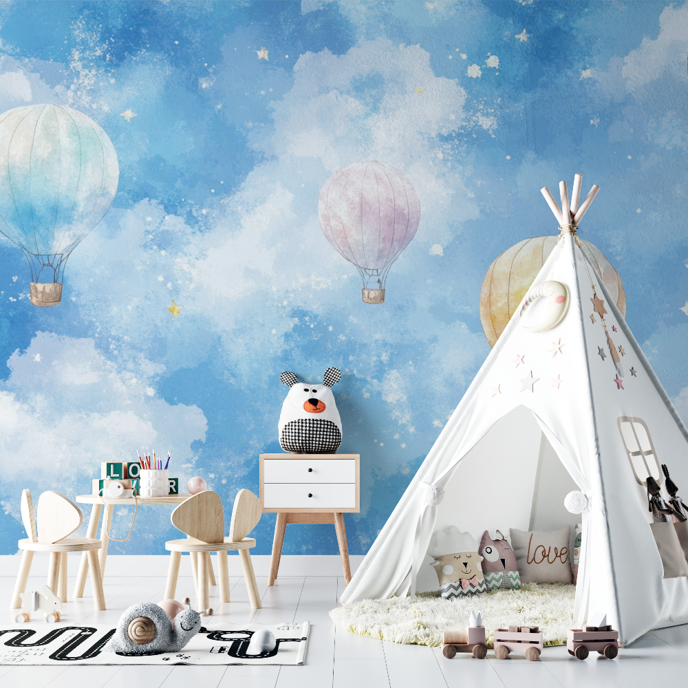 Papier peint montgolfiere et etoiles argentees chambre bebe