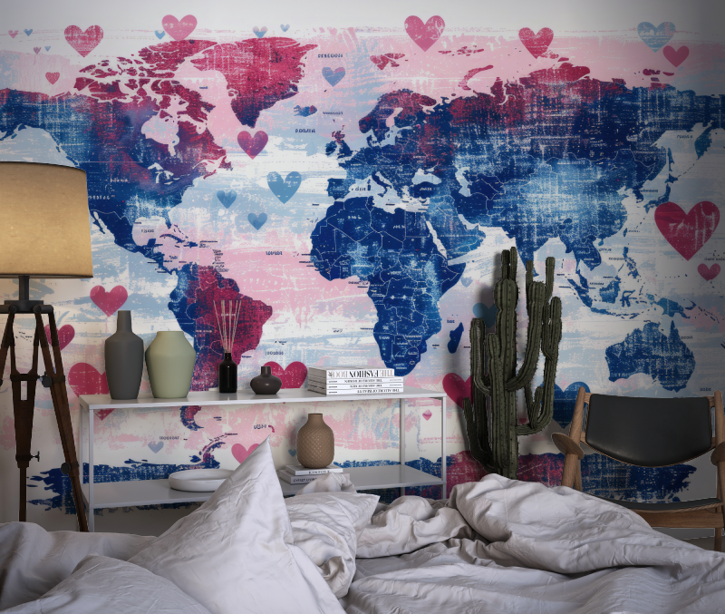 Papier peint carte du monde coeurs chambre dado1