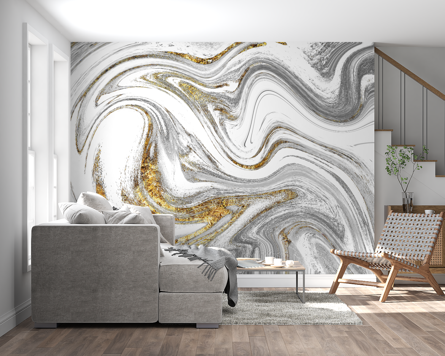Papier Peint Fluide Gris Et Doré - panoramique mural