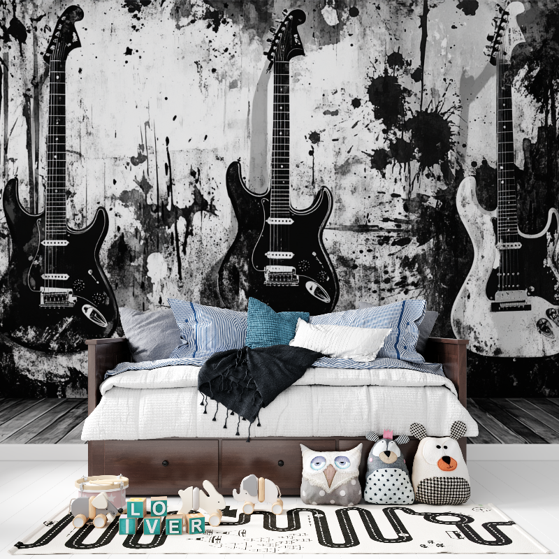 Papier peint rock noir et blanc panoramique garcon