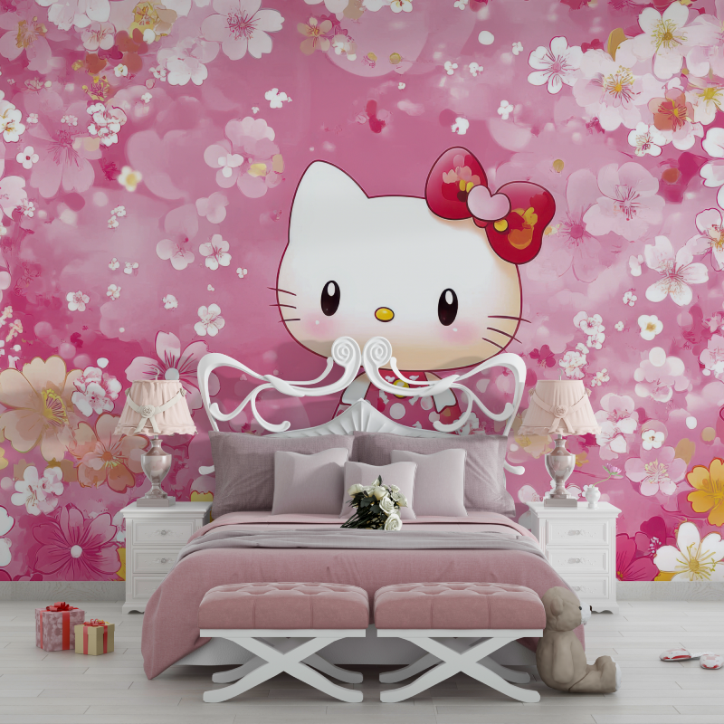 Papier peint hello kitty fleurs rose chambre filles