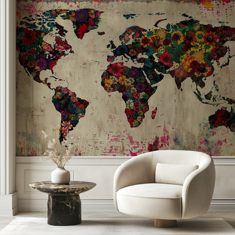 Papier peint carte du monde fleurie chaise tendance