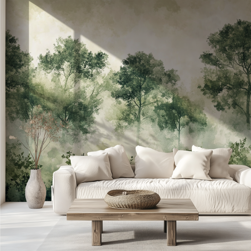 Papier peint arbre vert canape tendance