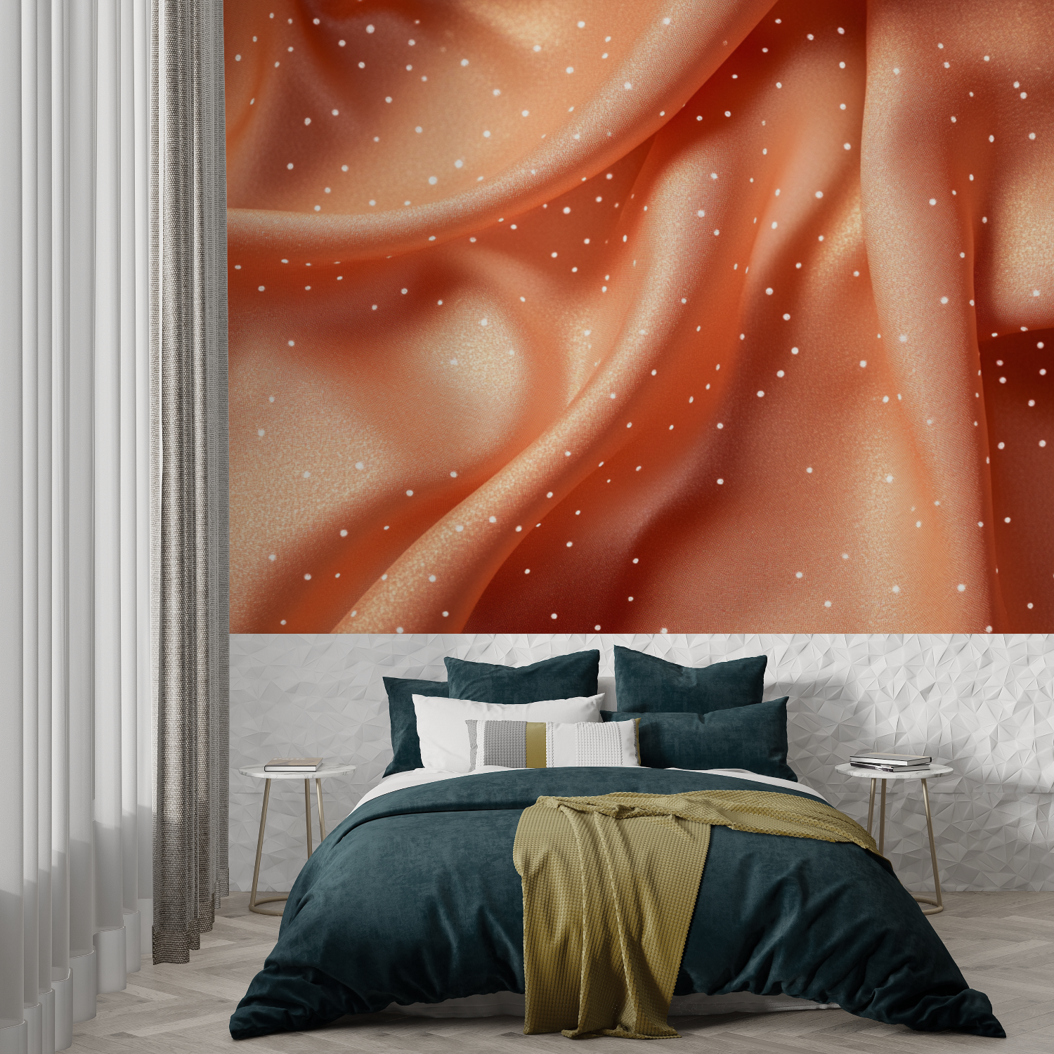 Papier peint terracotta avec petits pois dores trompe loeil