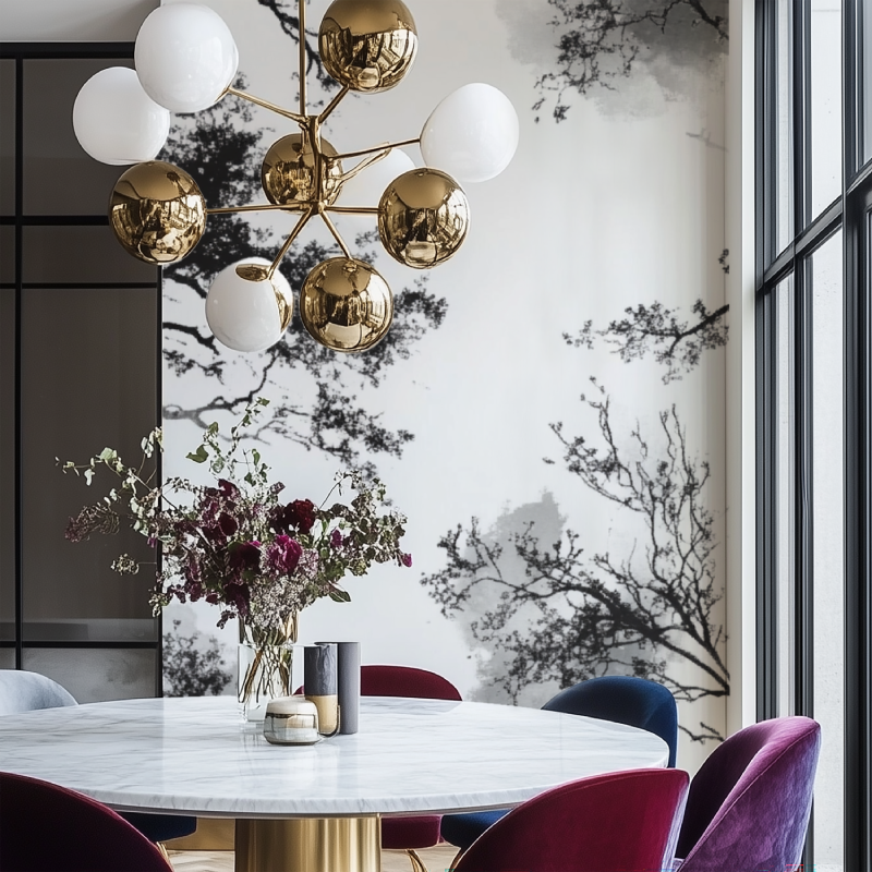 Papier peint arbre noir salon chaise