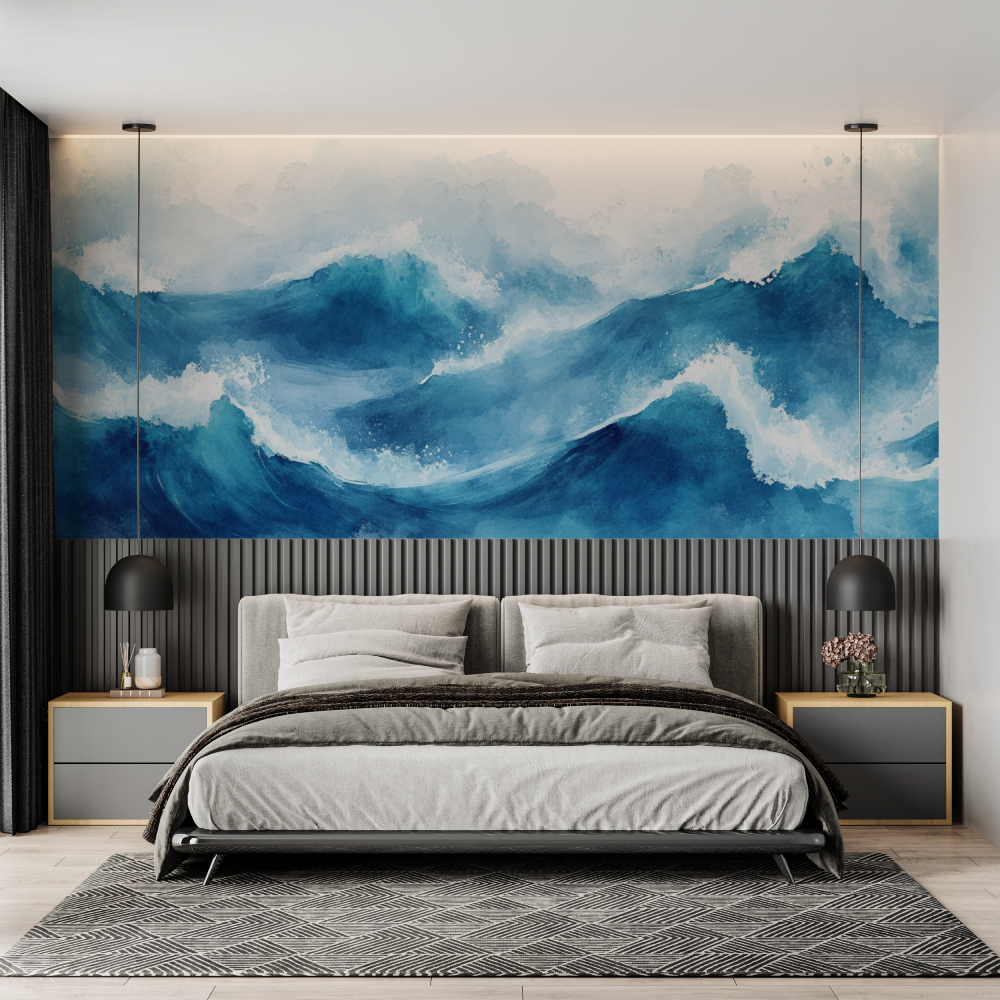 Papier peint aquarelle vague bleue dynamique chambre adulte