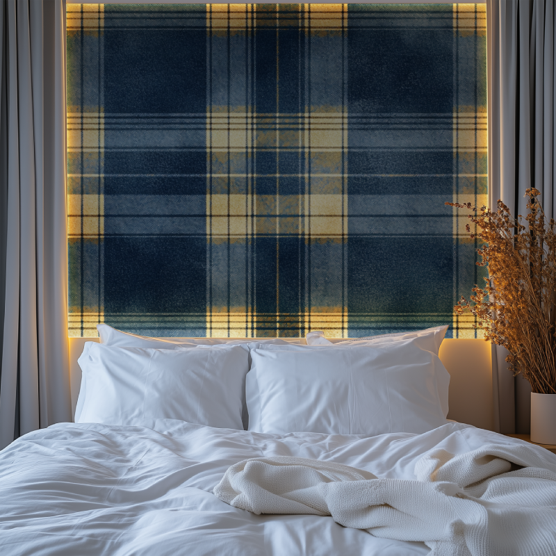 Papier peint vintage tartan bleu jaune chambre premium