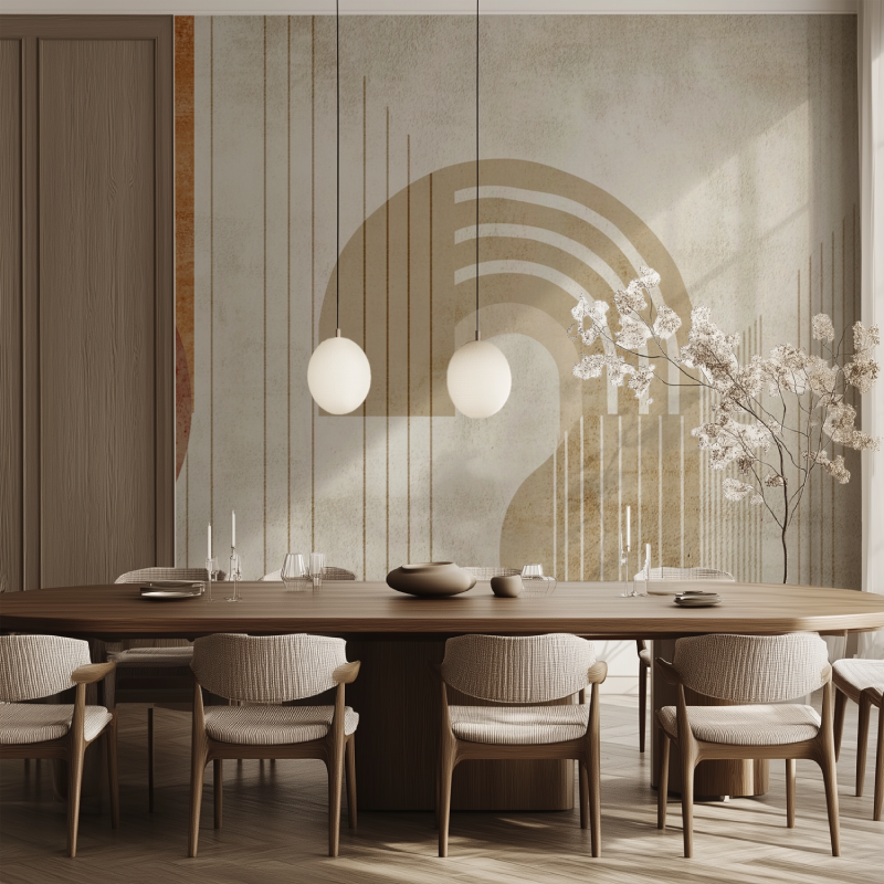 Papier peint vintage graphique beige salle manger tendance