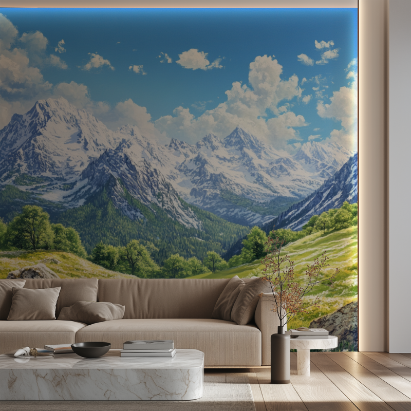 Papier peint trompe loeil montagne canape neon