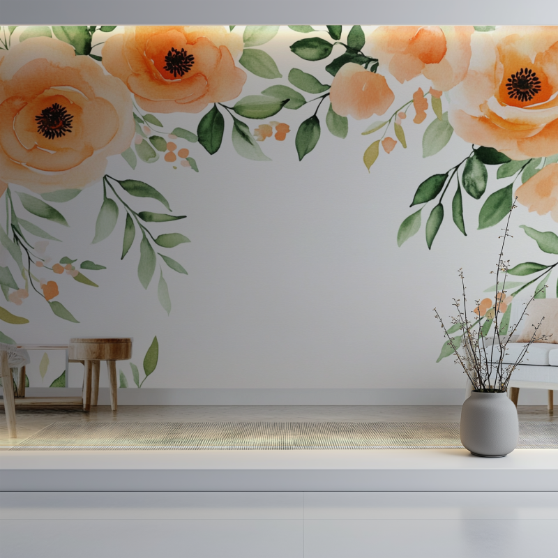 Papier peint fleur orange mur blanc