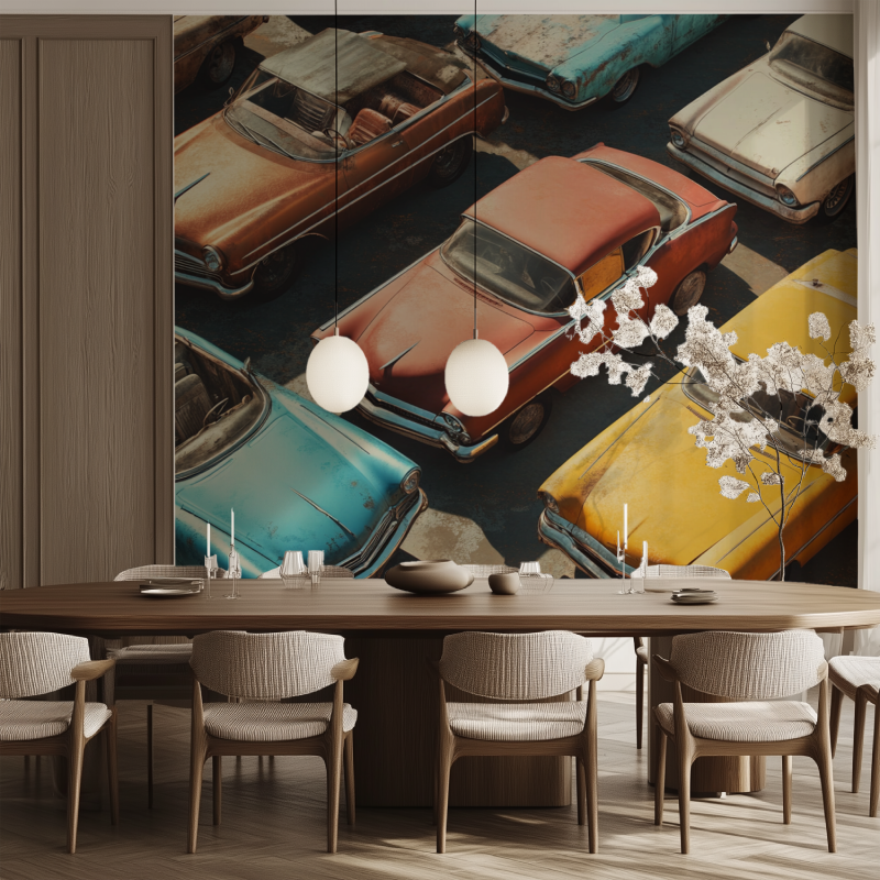 Papier peint vintage voiture tr...oeil salle manger tendance