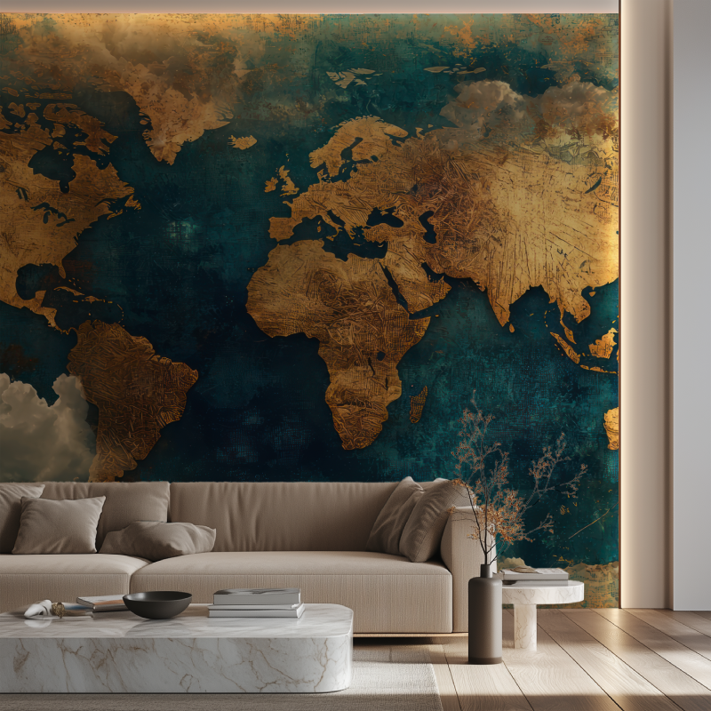 Papier peint carte du monde geante canape neon