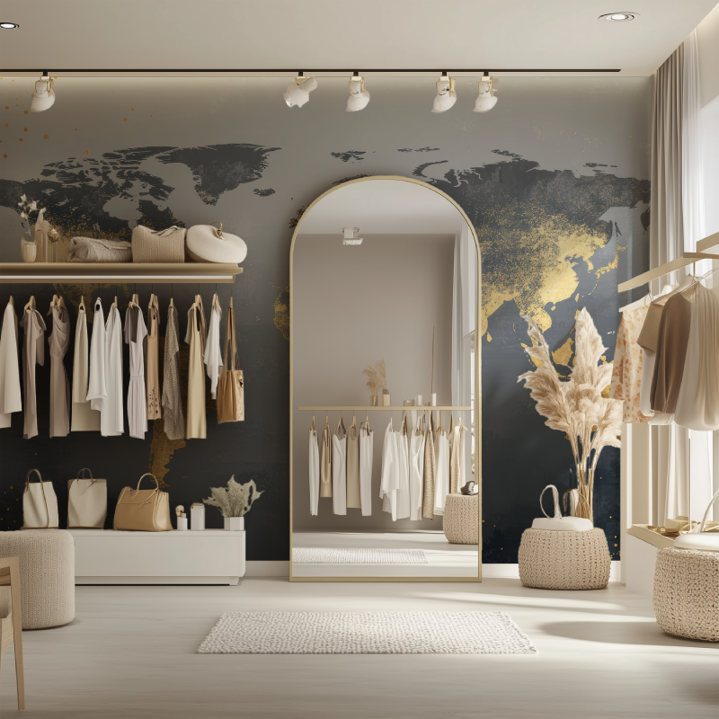 Papier peint carte du monde doree dressing