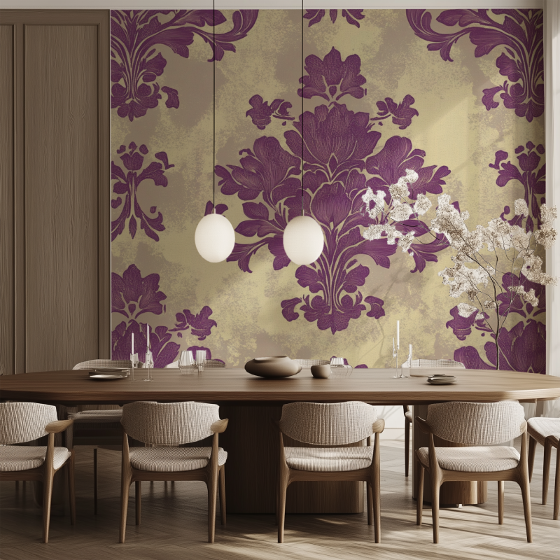 Papier peint vintage mauve vert salle manger tendance