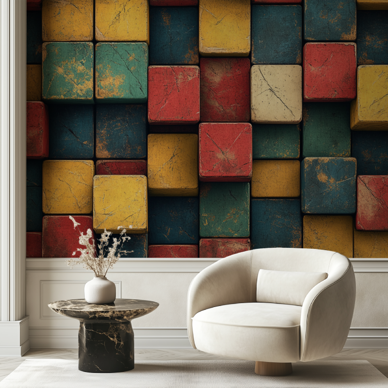 Papier peint vintage rubiks cube chaise tendance