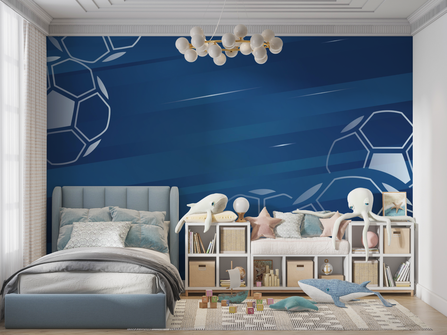 Papier peint bleu foot panoramique garcon