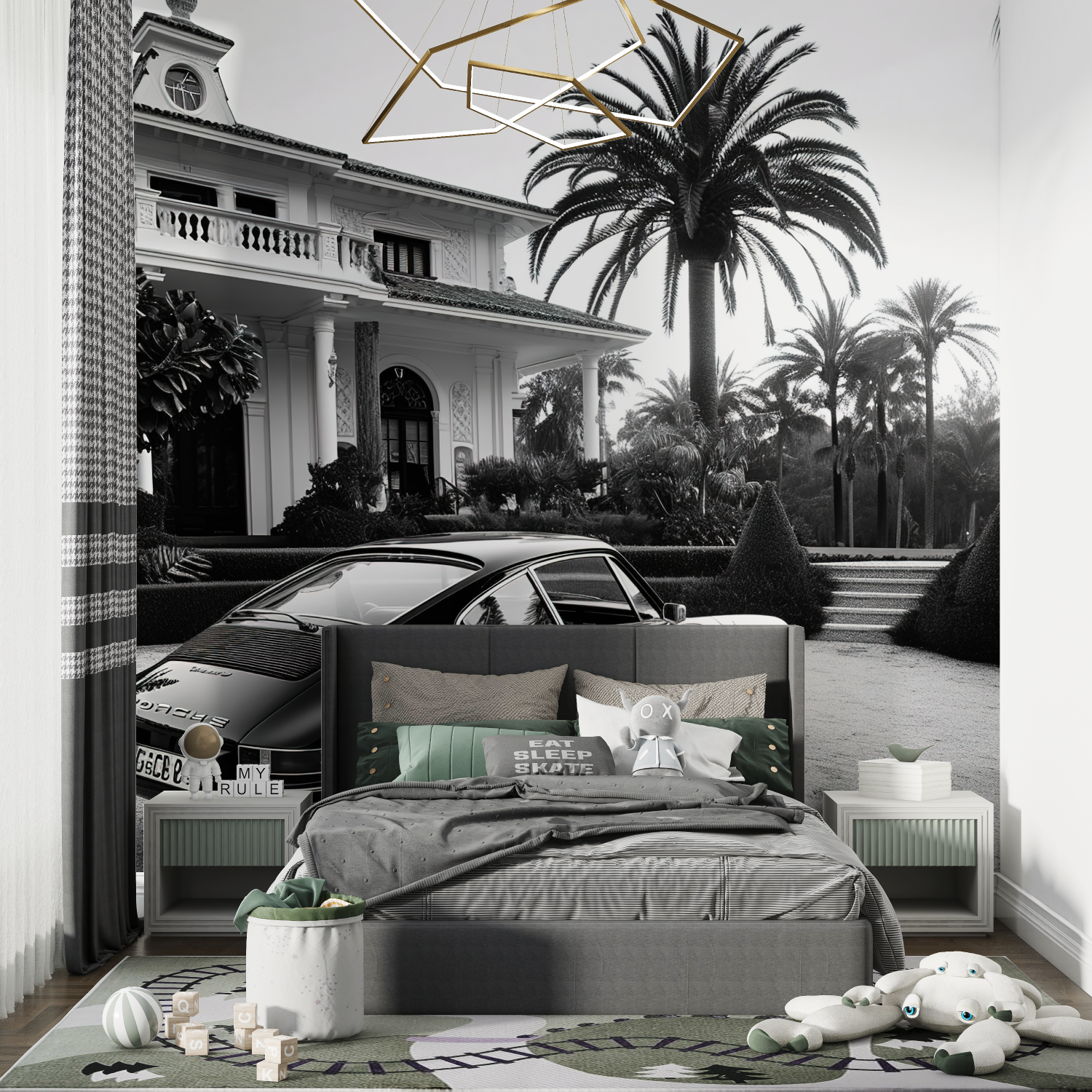 Papier peint noir et blanc voiture noire chambre de garcon