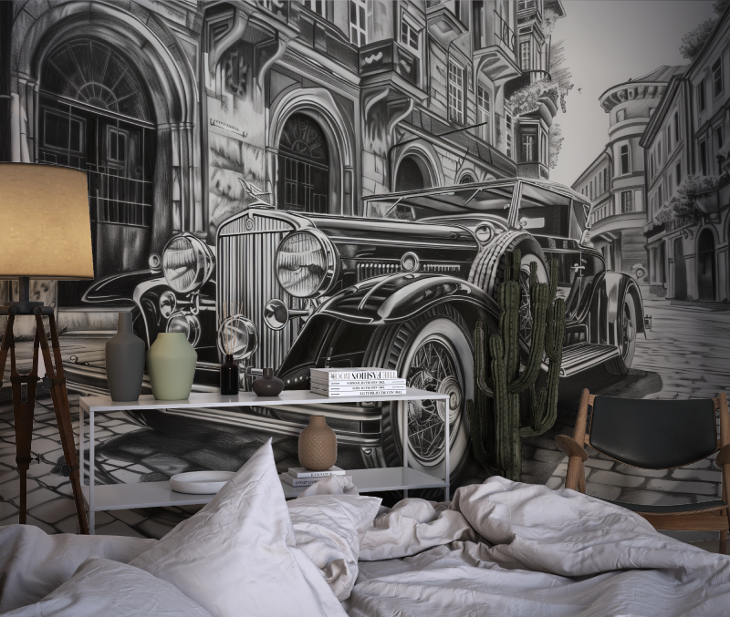 Papier peint noir et blanc voiture dessin chambre dado1