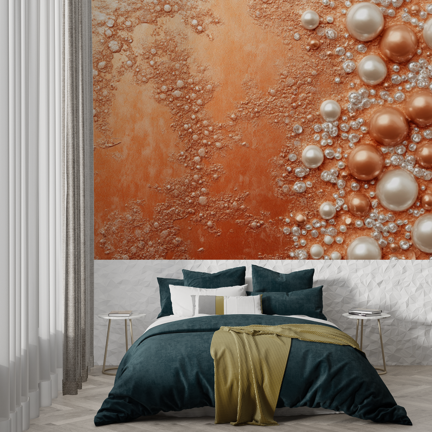 Papier peint terracotta et perles nacrees trompe loeil