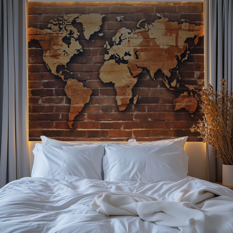 Papier peint carte du monde brique bois chambre tendanc
