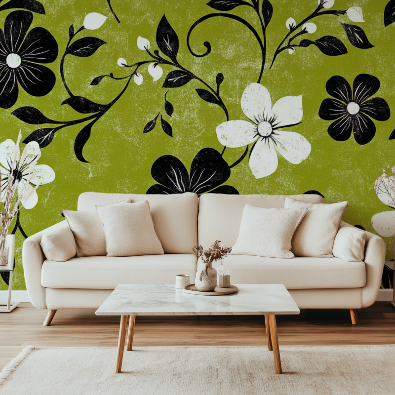 Papier peint vintage vert noir et blanc canape simple