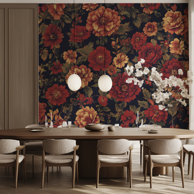 Papier peint vintage fleurs rouges salle manger tendance