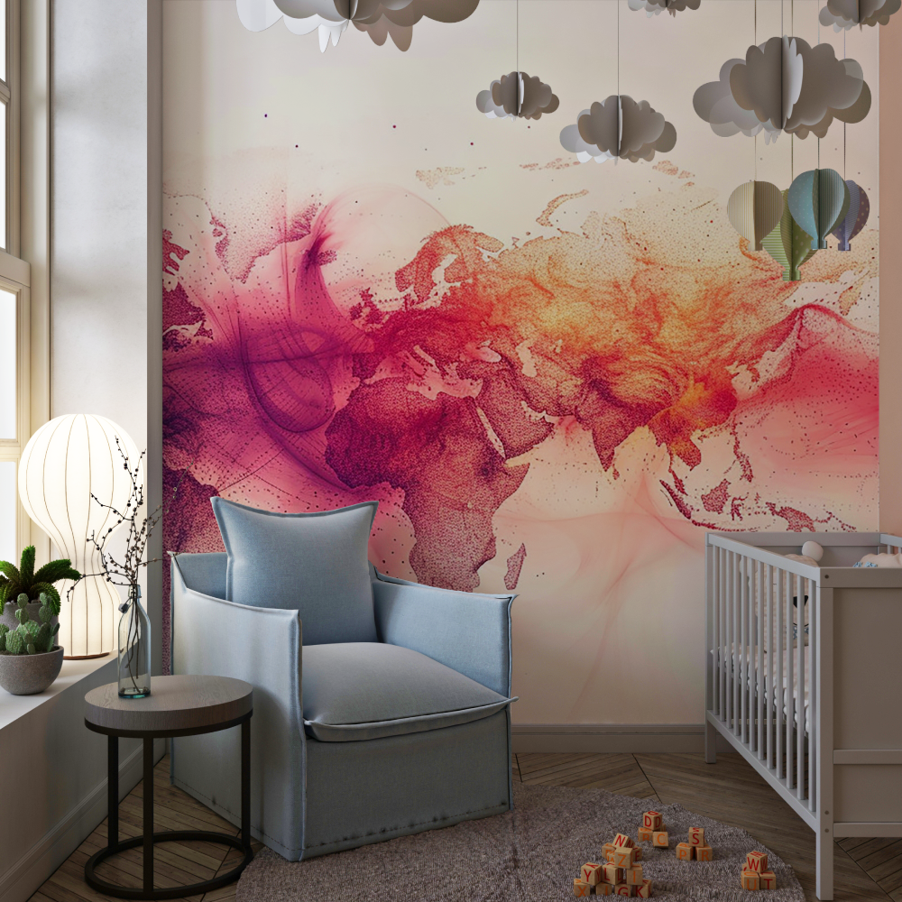 Papier peint carte du monde aquarelle rose chambre de fille