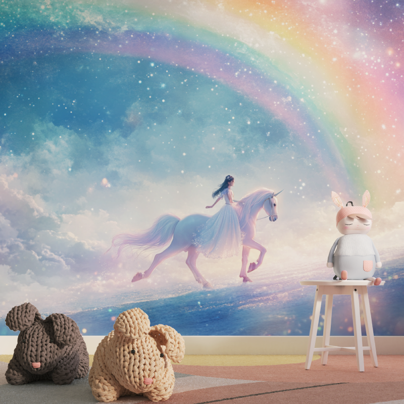 Papier peint licorne chevauchee tapisserie pour fille