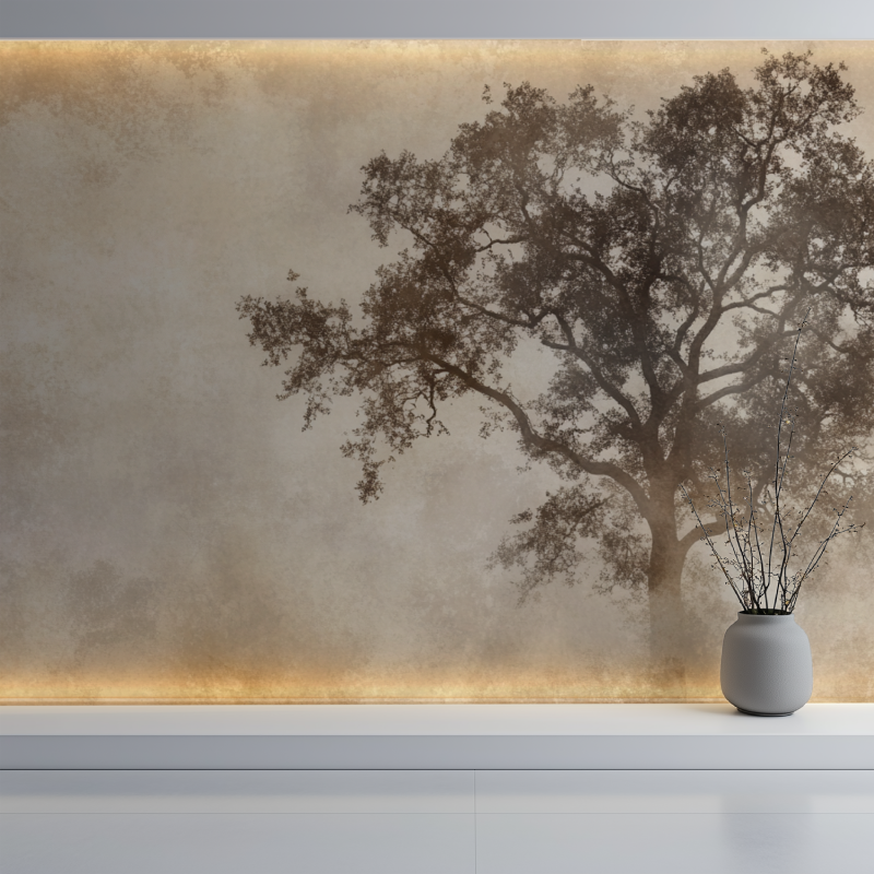 Papier peint arbre sepia mur blanc