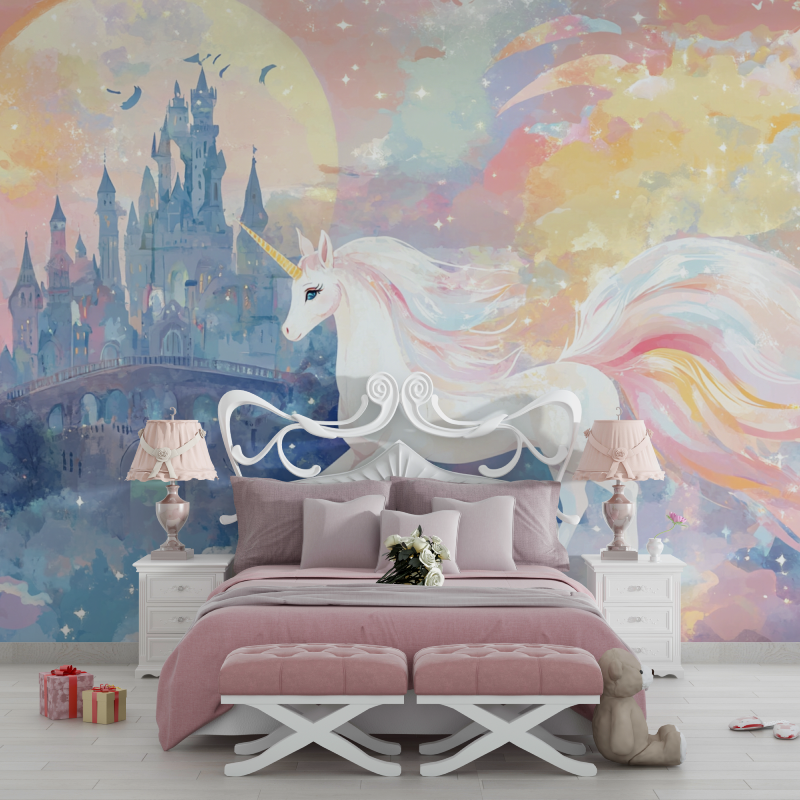 Papier peint licorne chateau et arc en ciel chambre filles