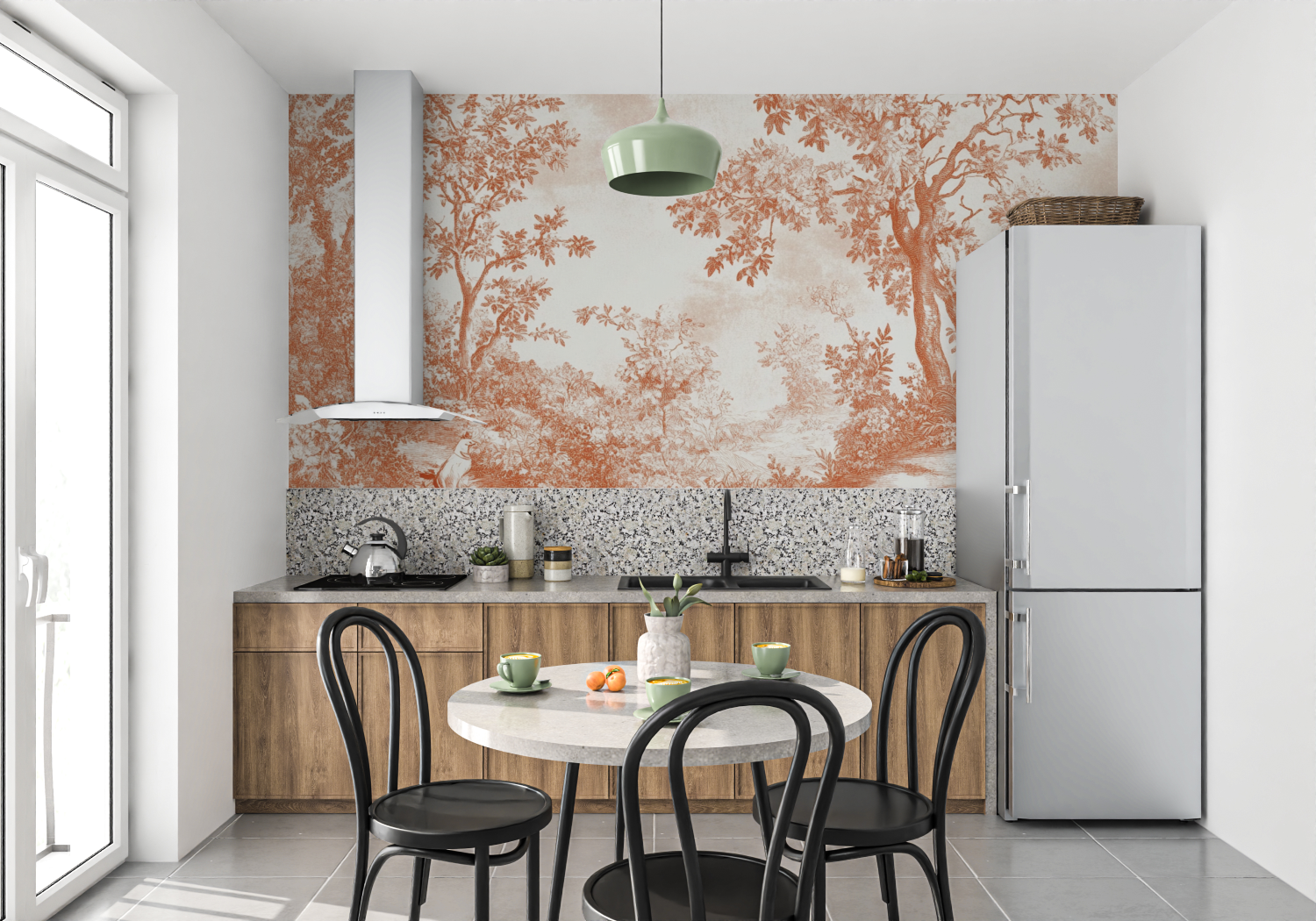 Papier peint terracotta style t...e jouy moderne mur cuisine