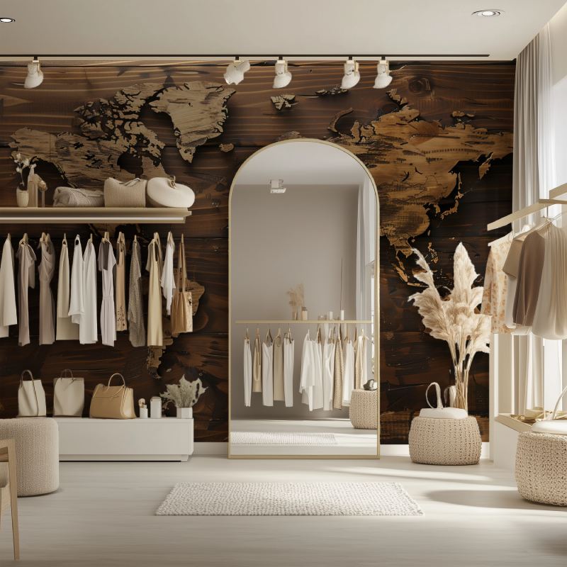 Papier peint carte du monde effet bois dressing