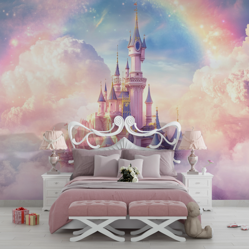 Papier peint princesse chateau arc en ciel chambre filles