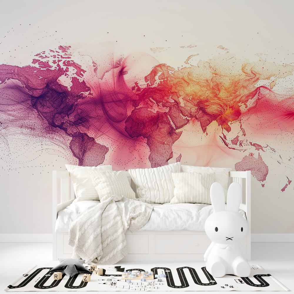 Papier peint carte du monde aquarelle rose tapisserie fille