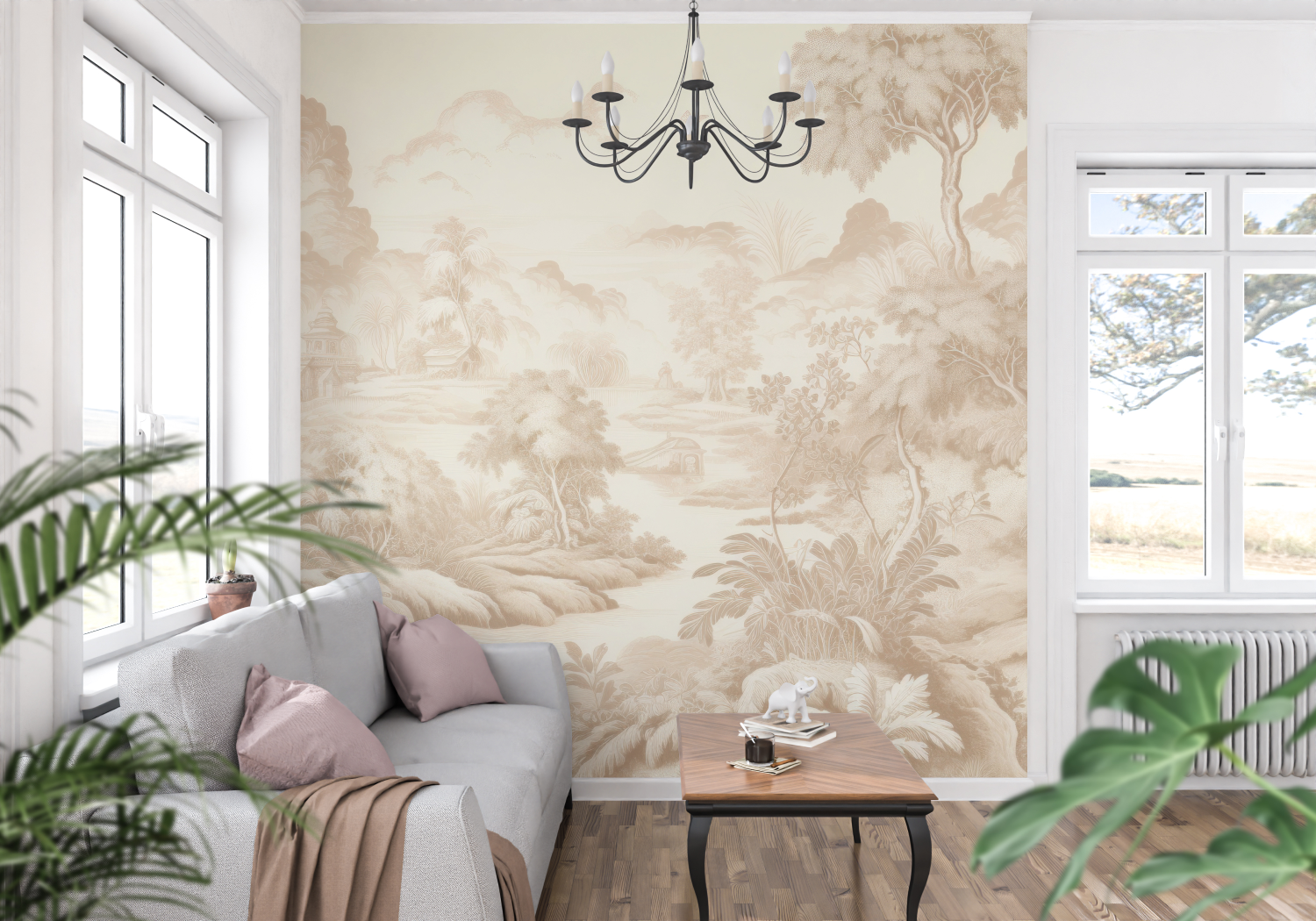 Papier Peint Toile De Jouy Beige - panoramique-mur