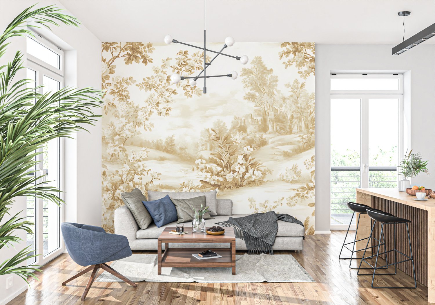 Papier Peint Toile De Jouy Beige Jaune - panoramique-mur