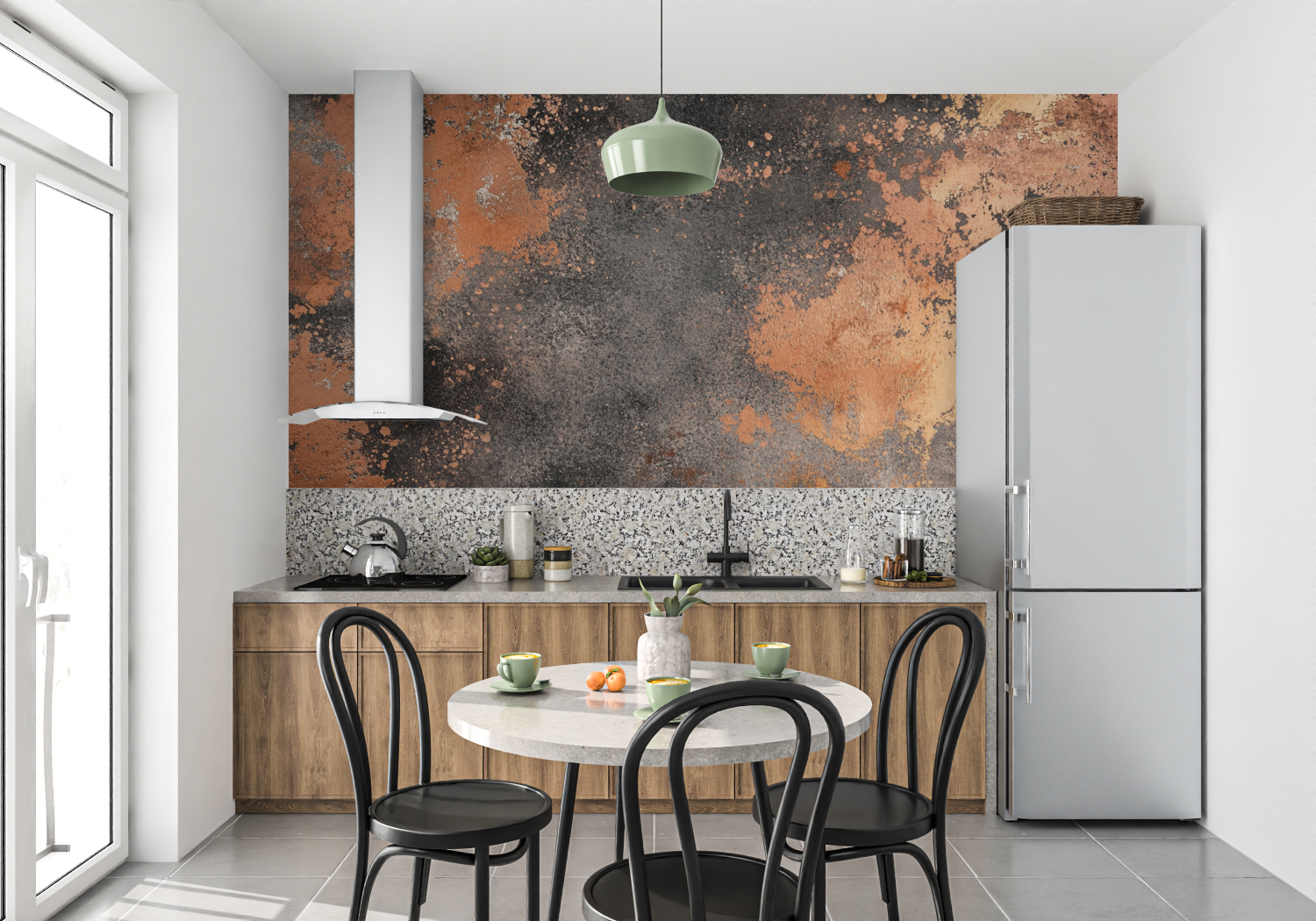 Papier peint terracotta et cuivre oxyde mur cuisine