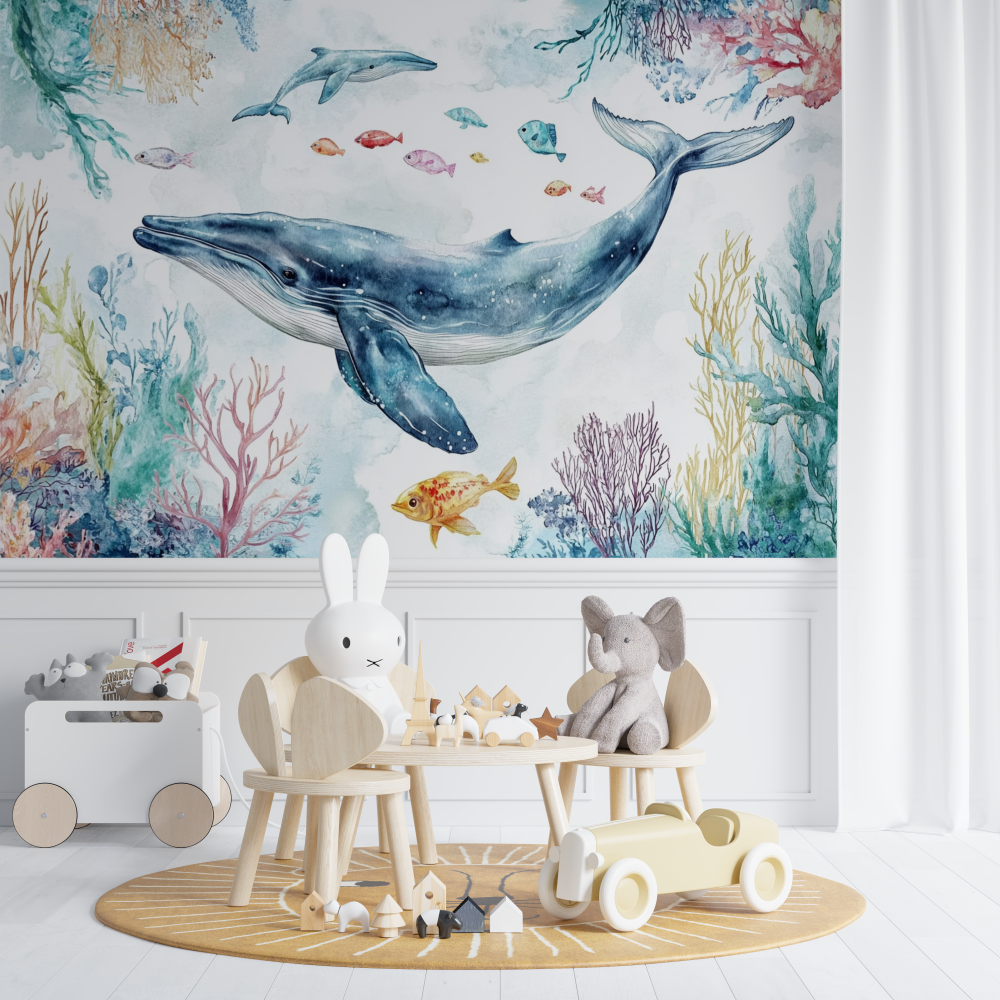 Papier peint marin baleine et fond de mer chambre de bebe