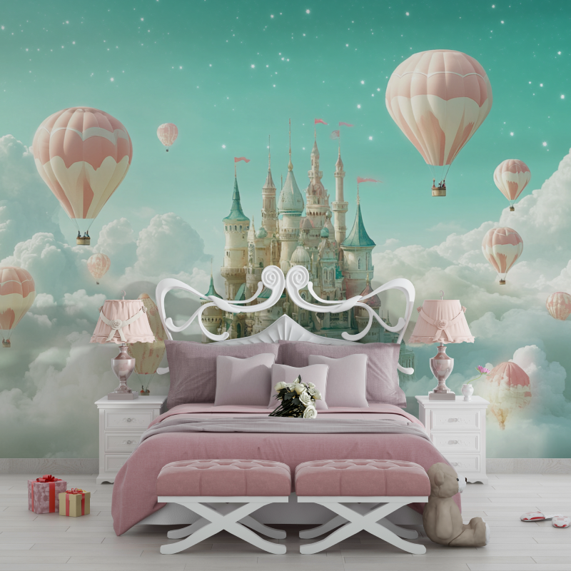 Papier peint princesse ciel vert et chateau chambre filles