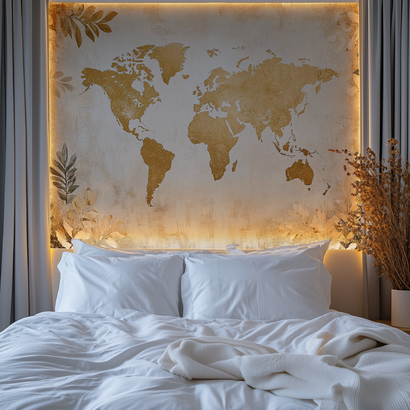 Papier peint carte du monde dore feuillage chambre premium