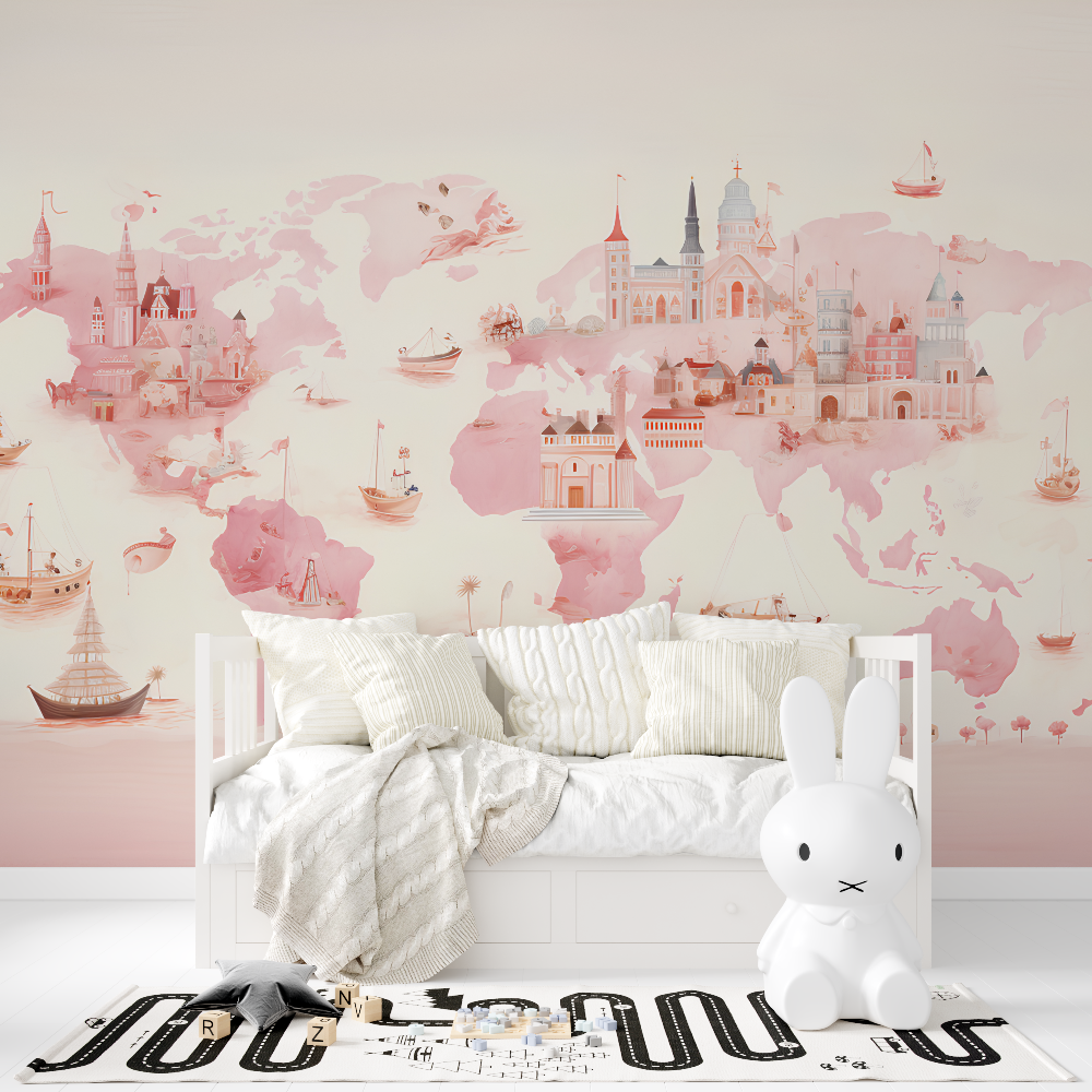 Papier peint carte du monde rose fille tapisserie fille