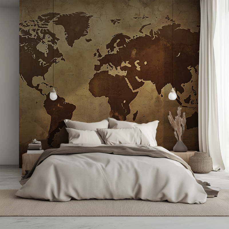 Papier peint carte du monde bronze lit 1234