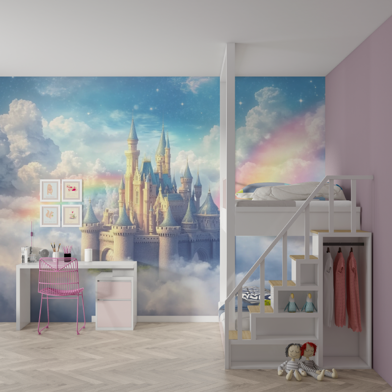 Papier peint princesse chateau et nuage mur chambre fille