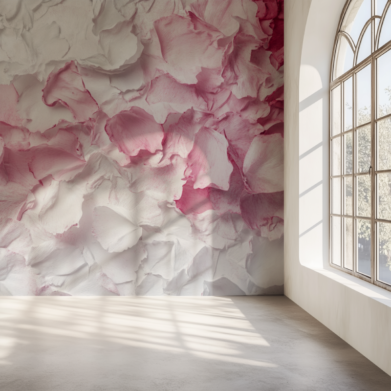 Papier peint fleur fond blanc et rose mur simple