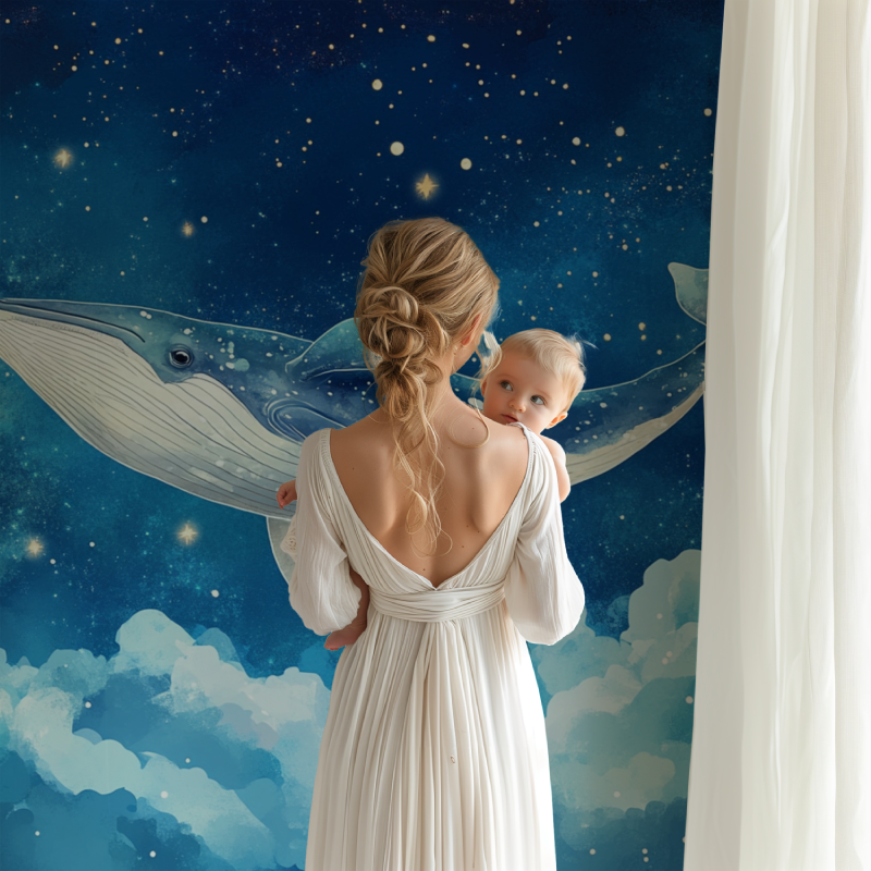 Papier peint marin deco murale baleine et ciel etoile bb123