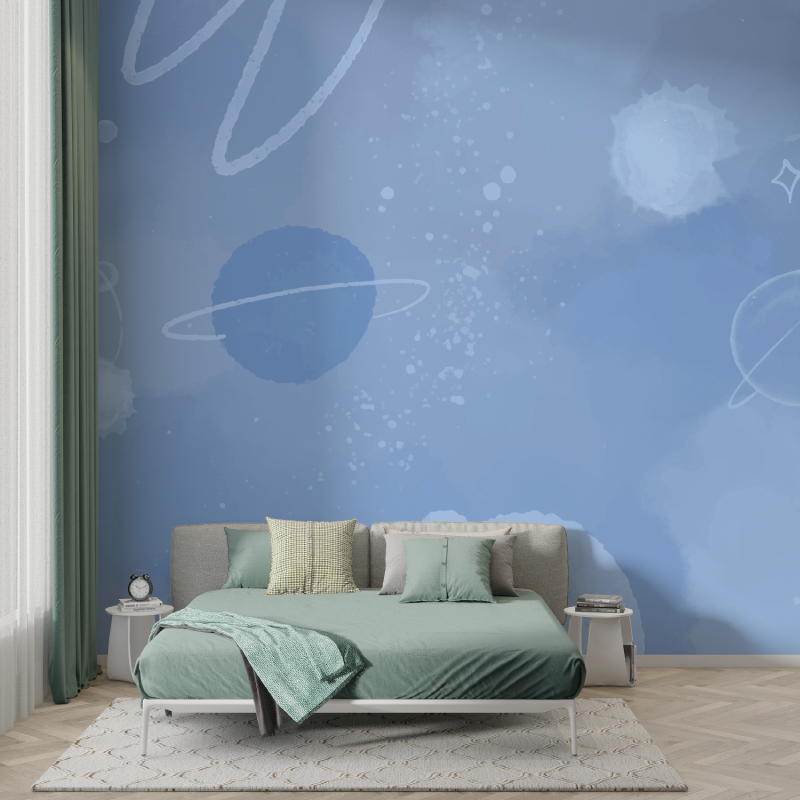 Papier peint chambre garcon espace bleu murs